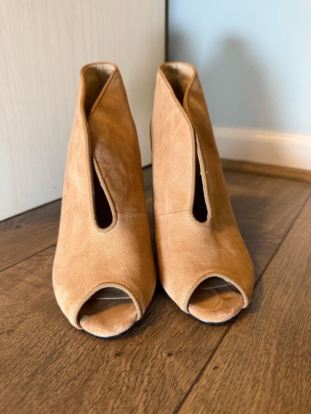 Women's Beige Suede Peep-Toe Booties